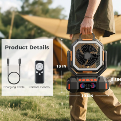 3 in 1 Camping Fan 40000mAh Rechargeable Battery Portable Outdoor Fan 4 Speed Air Circulators with Hook and LED Light - Image 6