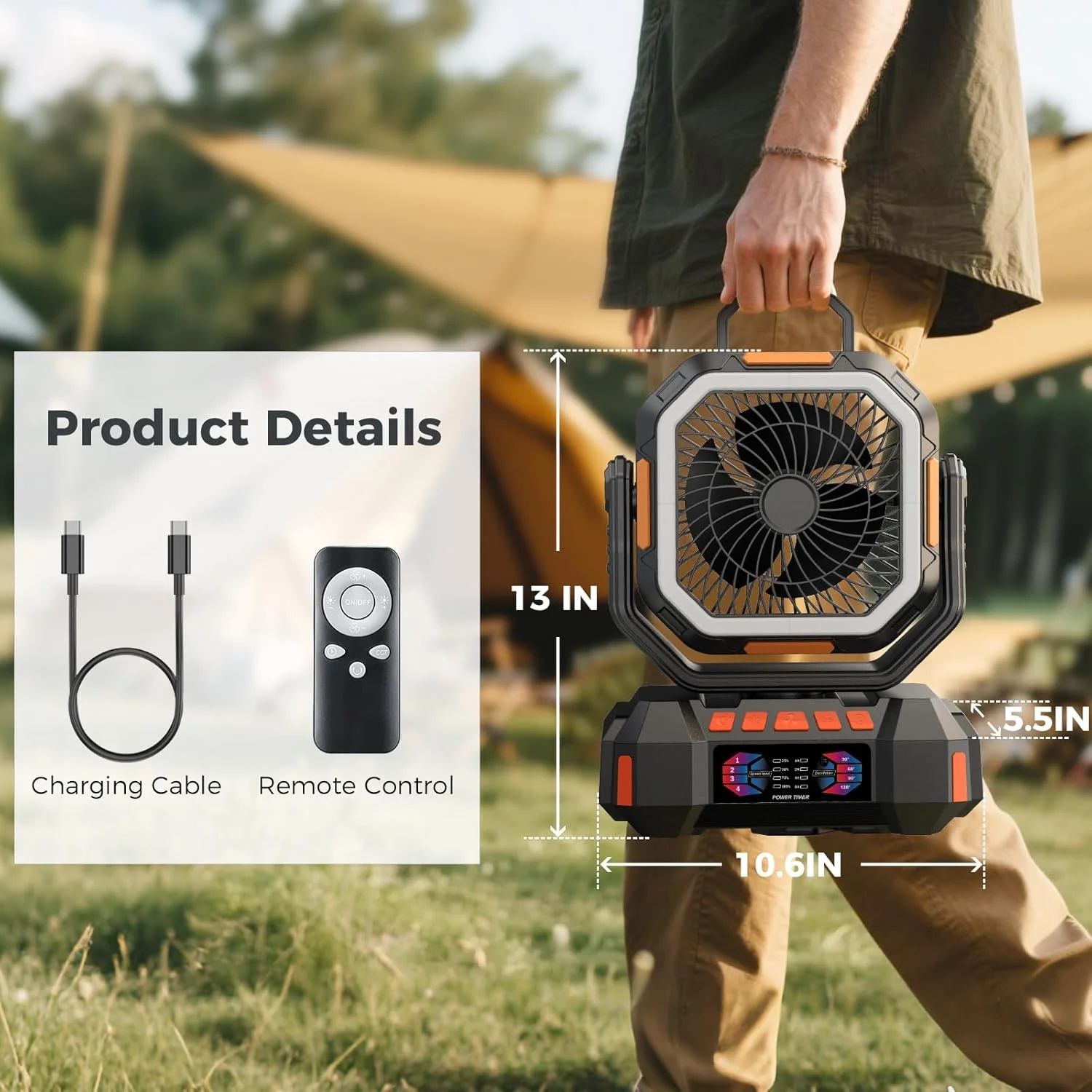 3 in 1 Camping Fan 40000mAh Rechargeable Battery Portable Outdoor Fan 4 Speed Air Circulators with Hook and LED Light