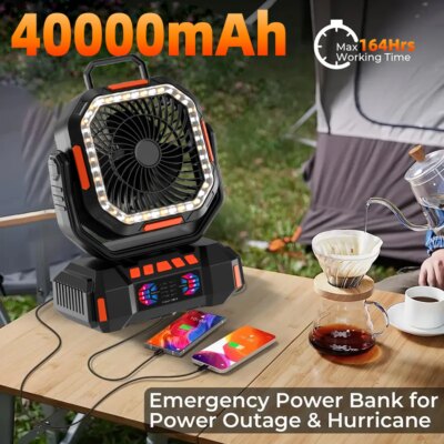 3 in 1 Camping Fan 40000mAh Rechargeable Battery Portable Outdoor Fan 4 Speed Air Circulators with Hook and LED Light