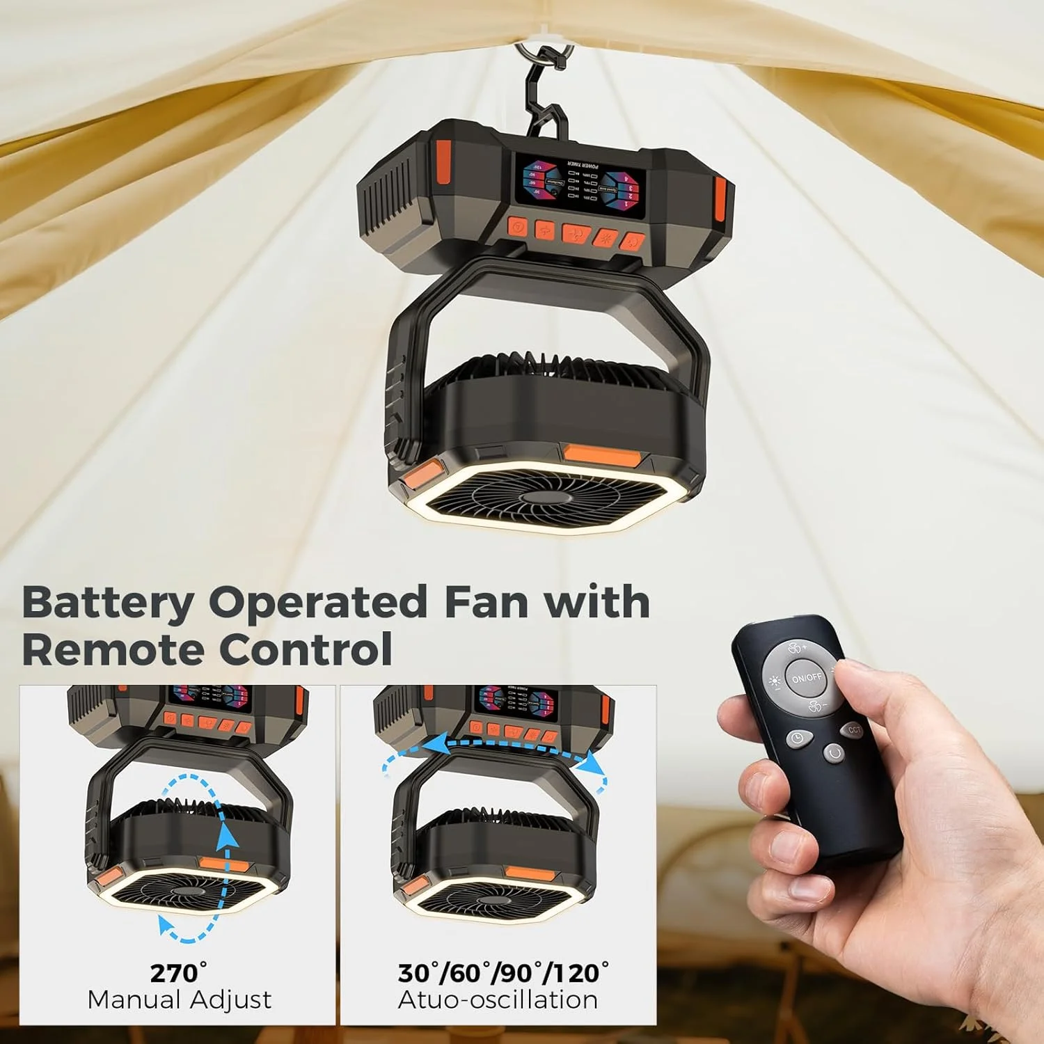 3 in 1 Camping Fan 40000mAh Rechargeable Battery Portable Outdoor Fan 4 Speed Air Circulators with Hook and LED Light
