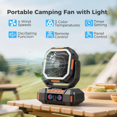 3 in 1 Camping Fan 40000mAh Rechargeable Battery Portable Outdoor Fan 4 Speed Air Circulators with Hook and LED Light - Image 2