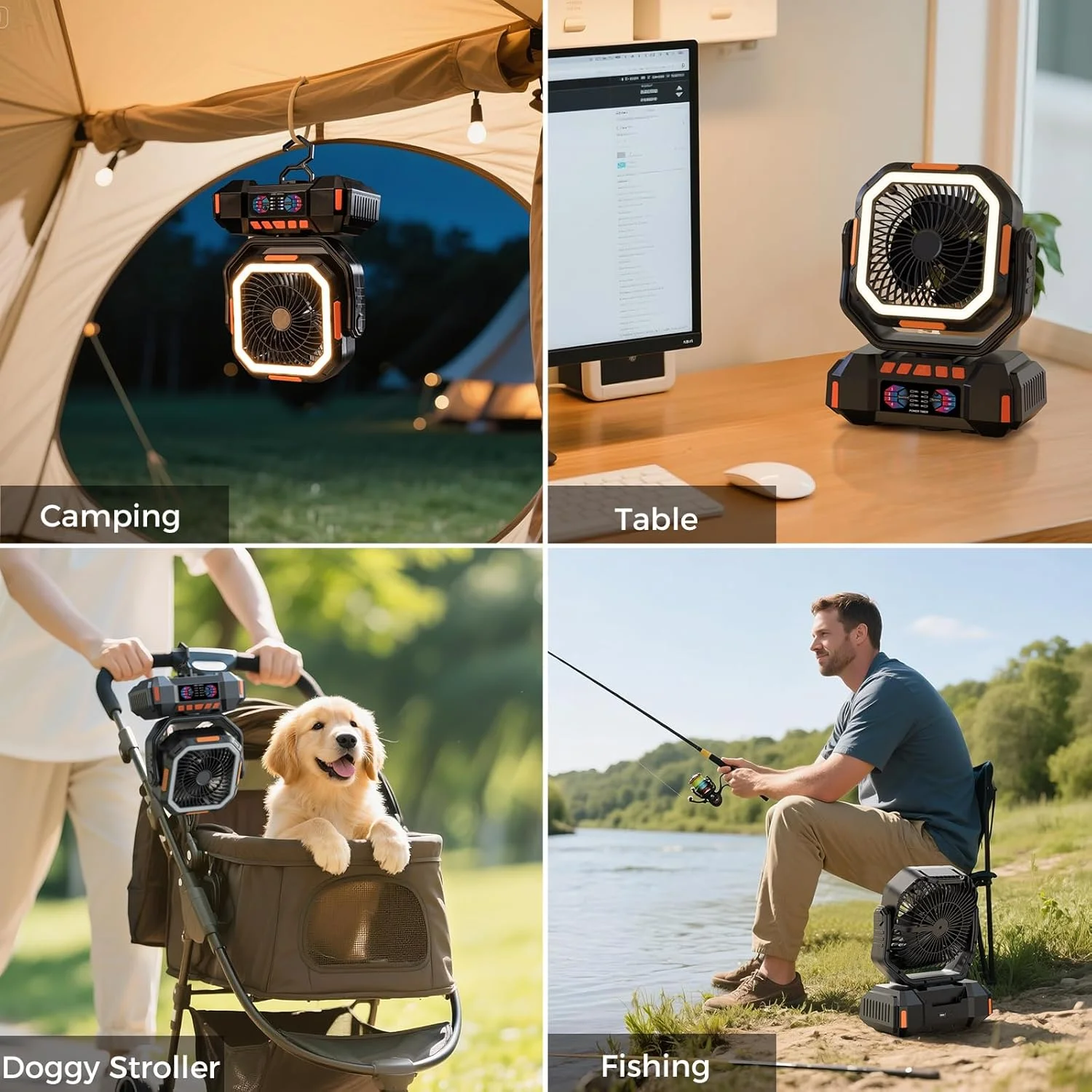 3 in 1 Camping Fan 40000mAh Rechargeable Battery Portable Outdoor Fan 4 Speed Air Circulators with Hook and LED Light