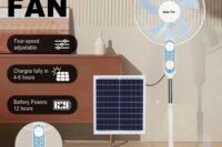Remote Control Solar Floor Fan 4 Speeds & Bug Light Rechargeable Battery 12H Runtime 25W solar for Home Emergency Power Outage