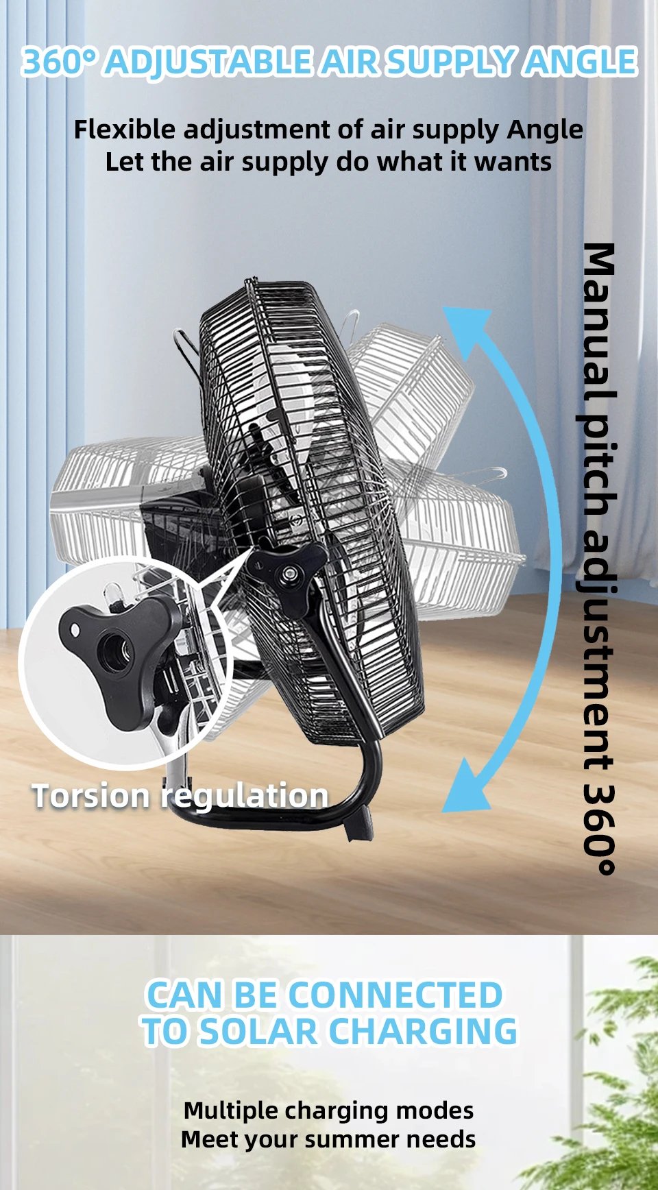 Battery Operated Solar Fan, Home or Outdoor Dual-use Portable Fan, Battery Can Running 6-12 Hours, with USB Output For Phone