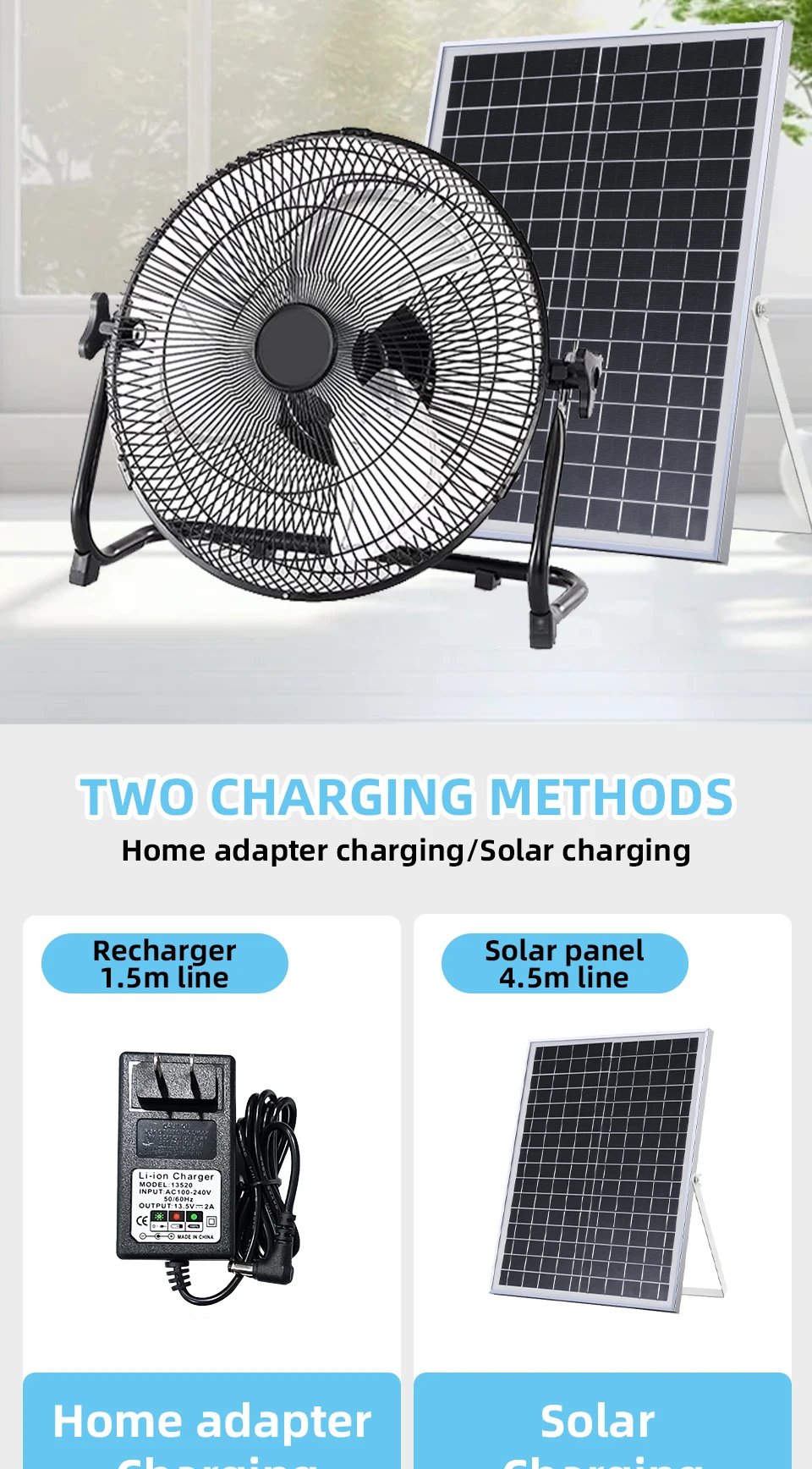 Battery Operated Solar Fan, Home or Outdoor Dual-use Portable Fan, Battery Can Running 6-12 Hours, with USB Output For Phone