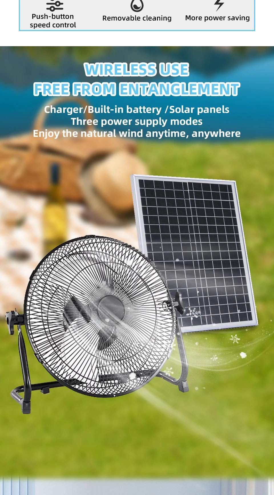 Battery Operated Solar Fan, Home or Outdoor Dual-use Portable Fan, Battery Can Running 6-12 Hours, with USB Output For Phone