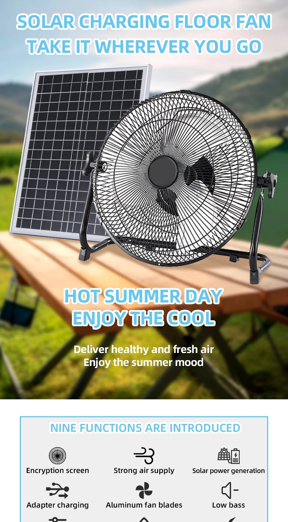 Battery Operated Solar Fan, Home or Outdoor Dual-use Portable Fan, Battery Can Running 6-12 Hours, with USB Output For Phone