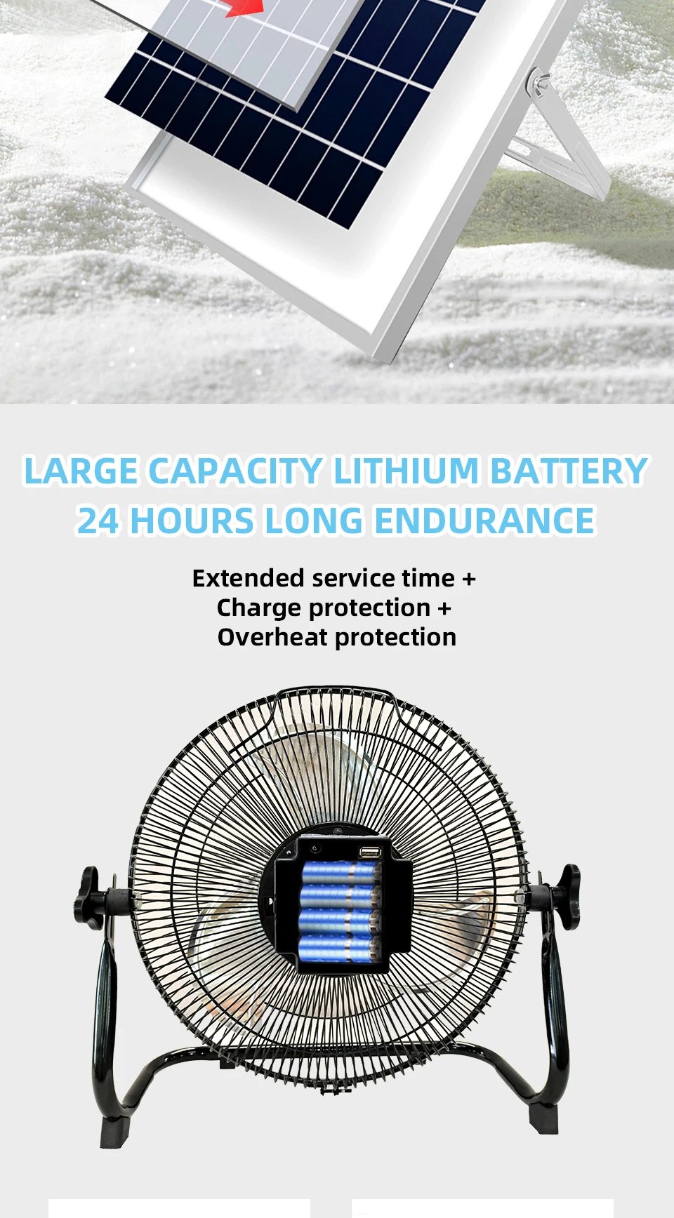 Battery Operated Solar Fan, Home or Outdoor Dual-use Portable Fan, Battery Can Running 6-12 Hours, with USB Output For Phone