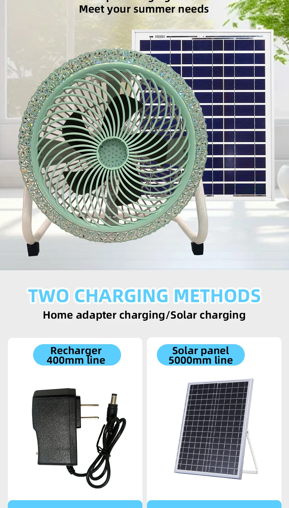 Rechargeable Solar Powered Camping Fan with LED Light Portable Battery Operated Tent Fan Outdoor Cooling Fan with Solar Panel
