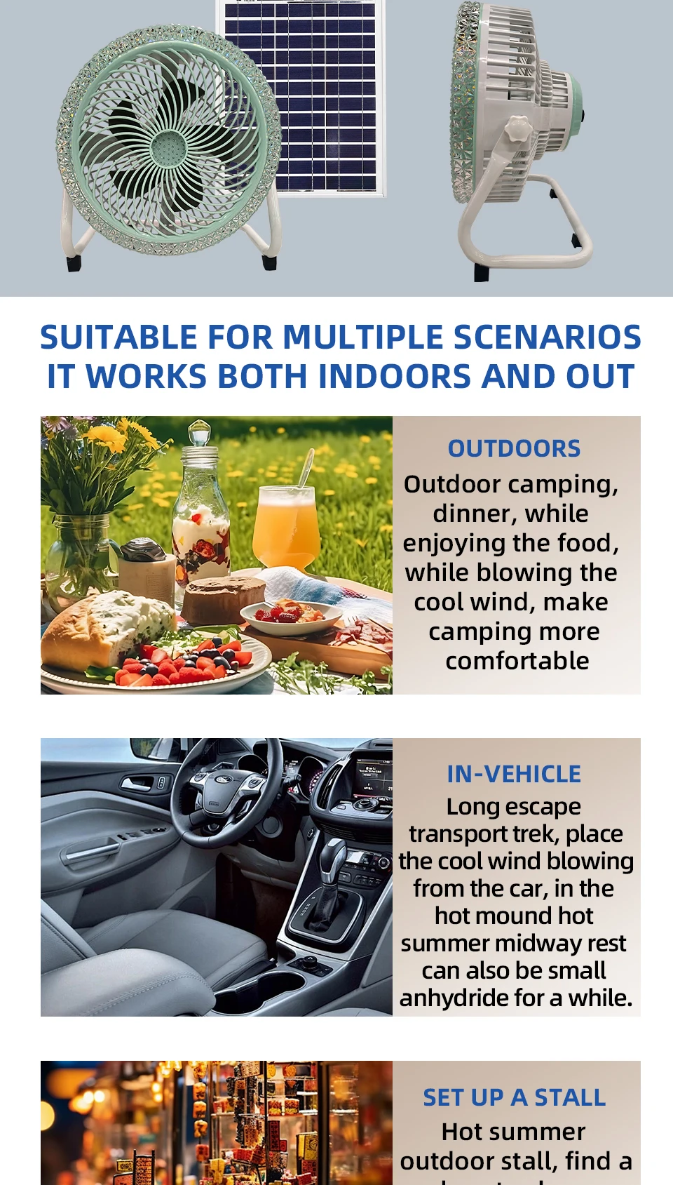 Rechargeable Solar Powered Camping Fan with LED Light Portable Battery Operated Tent Fan Outdoor Cooling Fan with Solar Panel