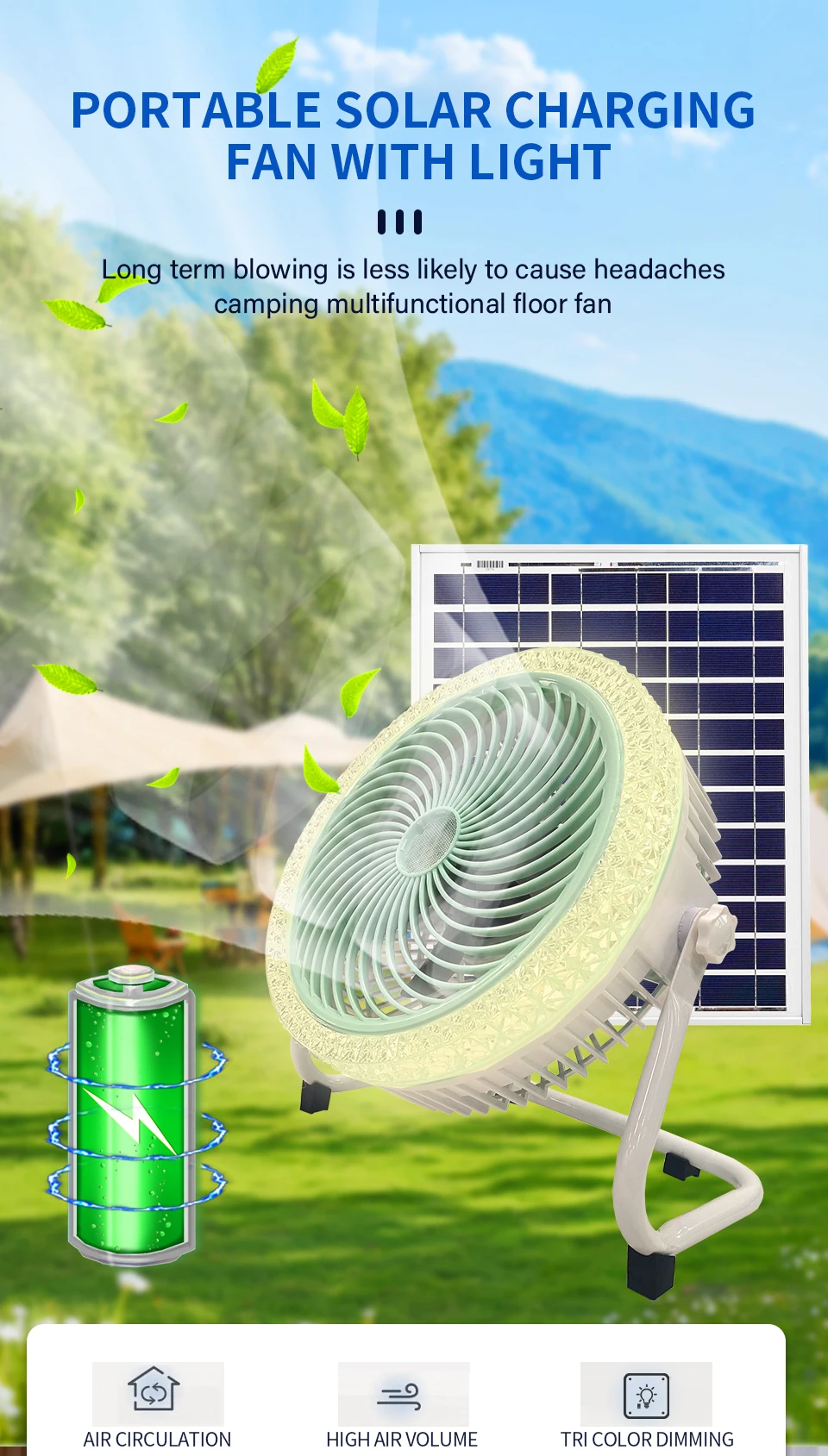 Rechargeable Solar Powered Camping Fan with LED Light Portable Battery Operated Tent Fan Outdoor Cooling Fan with Solar Panel