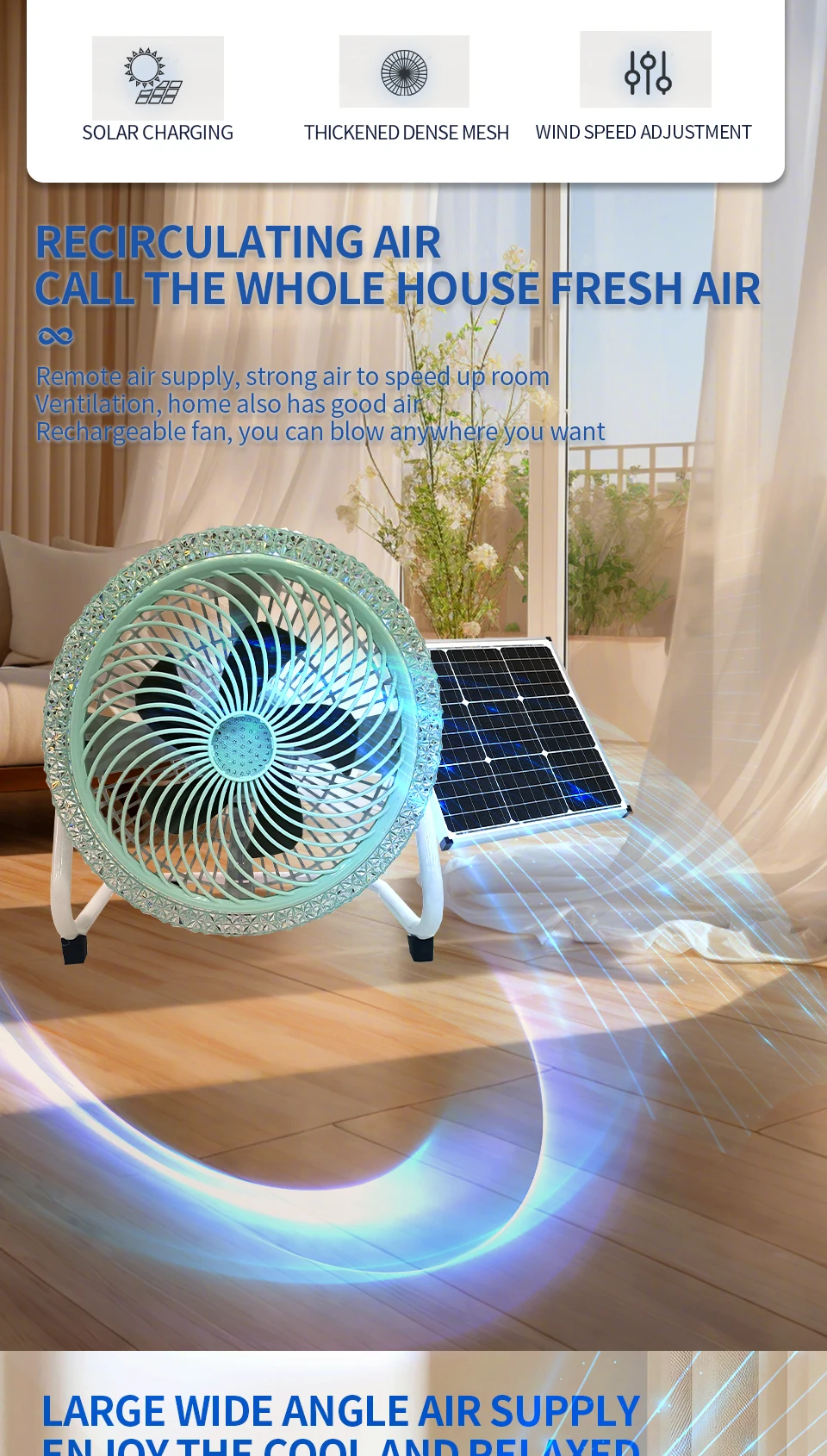 Rechargeable Solar Powered Camping Fan with LED Light Portable Battery Operated Tent Fan Outdoor Cooling Fan with Solar Panel