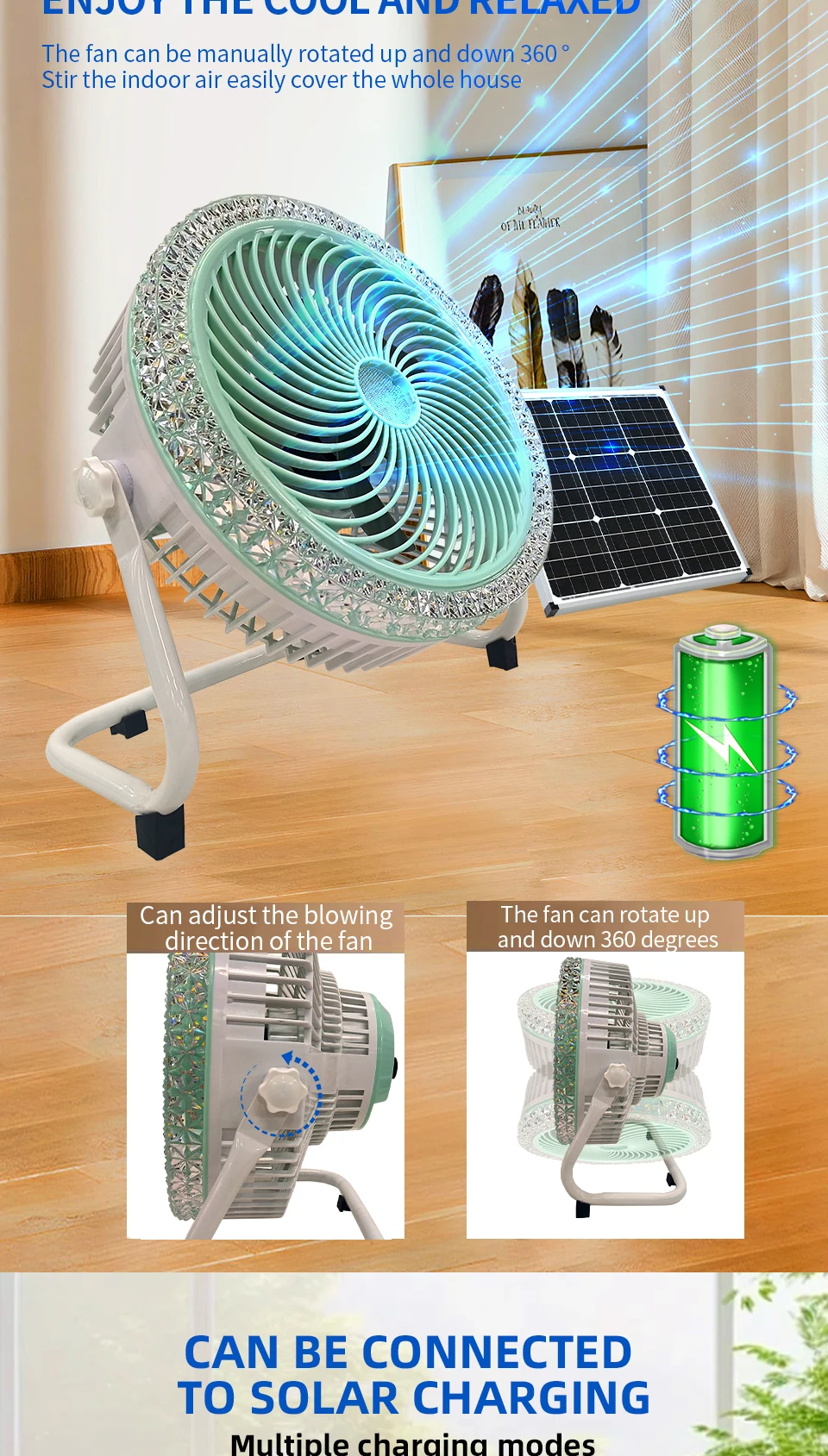 Rechargeable Solar Powered Camping Fan with LED Light Portable Battery Operated Tent Fan Outdoor Cooling Fan with Solar Panel