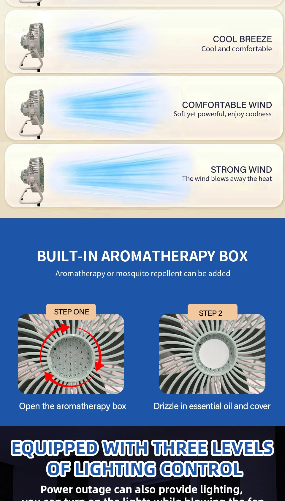 Rechargeable Solar Powered Camping Fan with LED Light Portable Battery Operated Tent Fan Outdoor Cooling Fan with Solar Panel