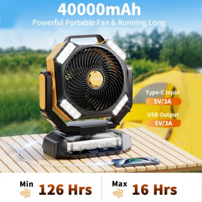 coldSky 40000mAh Camping Fan Battery Operated Fan with 4 LED Light 8 Speeds Desk Fan Remote Portable Rechargeable Outdoor Fan - Image 2