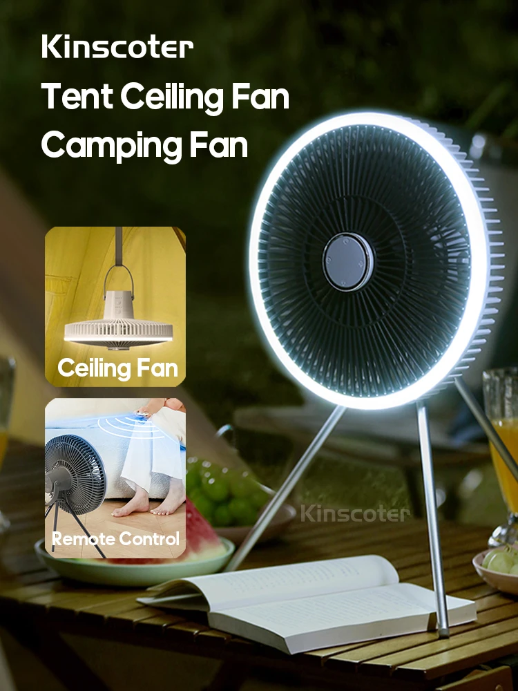 New Outdoor Camping Rechargeable Fan Wireless Ceiling Electric Fan LED Light 10000mAh Emergency Charging Portable Tripod Fan