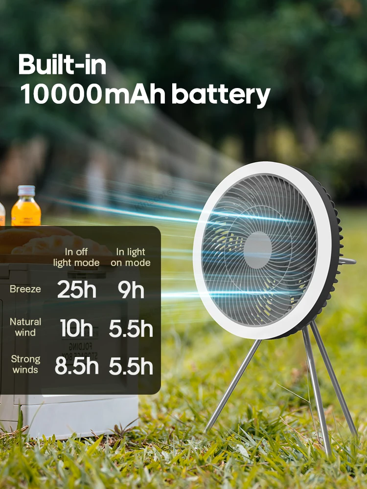 New Outdoor Camping Rechargeable Fan Wireless Ceiling Electric Fan LED Light 10000mAh Emergency Charging Portable Tripod Fan