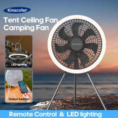 New Outdoor Camping Rechargeable Fan Wireless Ceiling Electric Fan LED Light 10000mAh Emergency Charging Portable Tripod Fan