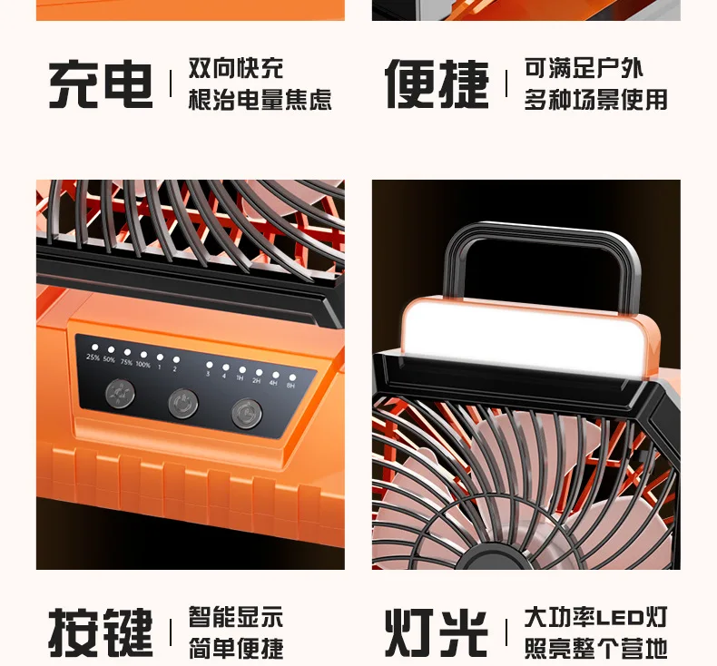5400/9000mah Portable Camping Fan Battery Powered with LED Lights 4-speed Adjustable Office Fan Outdoor Tent Hook Construction