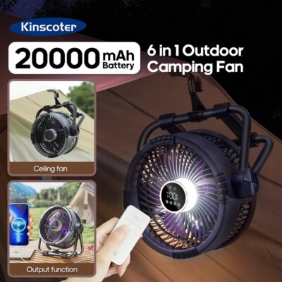 Multifunctional 6 in 1 Outdoor Camping Fan 20000mAh Desktop Air Circulator Wireless Ceiling Electric Fan with Hook and LED Light
