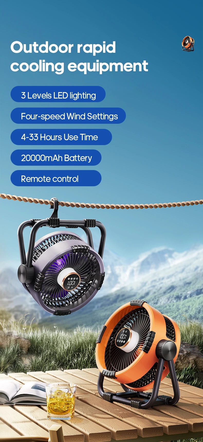 Multifunctional 6 in 1 Outdoor Camping Fan 20000mAh Desktop Air Circulator Wireless Ceiling Electric Fan with Hook and LED Light