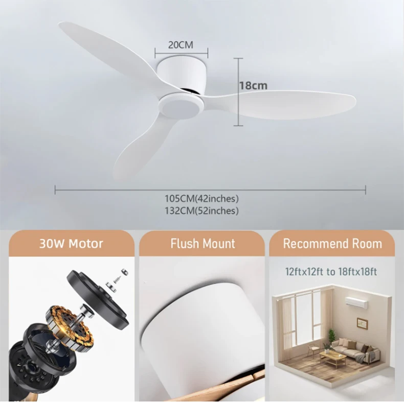 Modern Ceiling Fan with Remote Control Low Down Living Room Office DC Motor Fan 30W Simple Ceiling Fan Lightless Electric Fan
