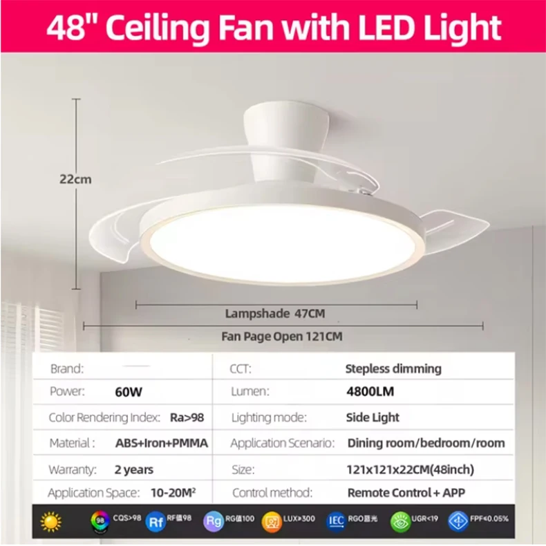 Smart Invisible LED Ceiling Fan Lights DC motor Large Air Volume folding blades fan lamp chandelier kitchen Bedroom Dining room