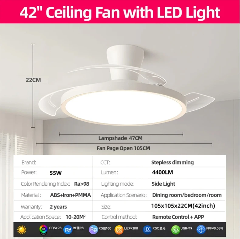 Smart Invisible LED Ceiling Fan Lights DC motor Large Air Volume folding blades fan lamp chandelier kitchen Bedroom Dining room