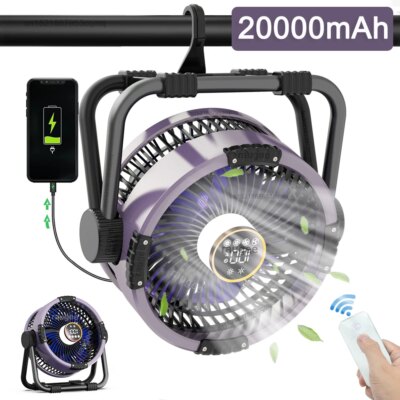 Camping Fan 20000mAh Outdoor Camping Tent Ceiling Fan Air Circulator Fans Rechargeable Portable Wireless Camping Fan with Light