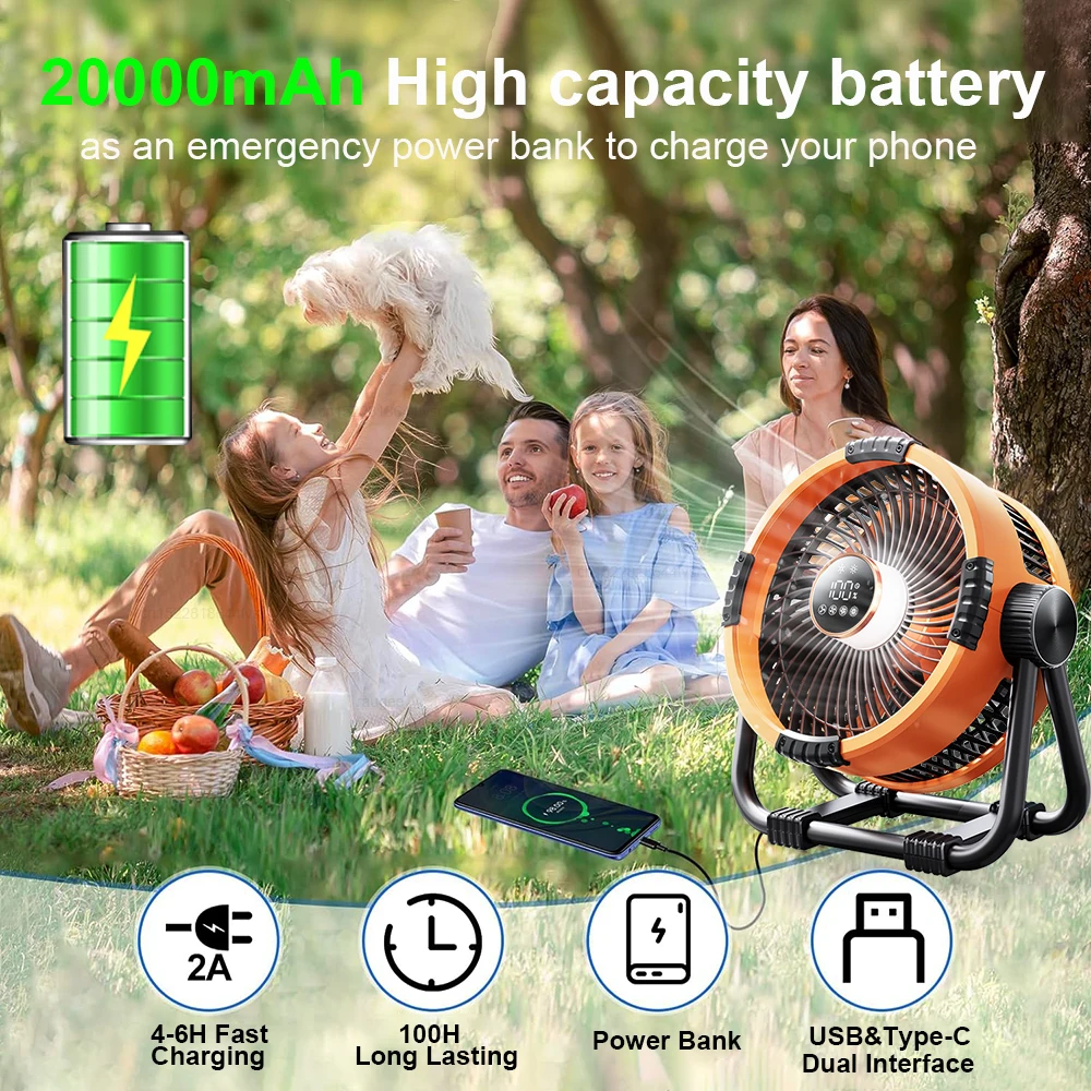Camping Fan 20000mAh Outdoor Camping Tent Ceiling Fan Air Circulator Fans Rechargeable Portable Wireless Camping Fan with Light
