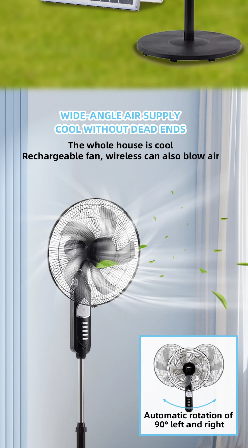 Solar Powered Floor Fan 6 - 12H Runtime3 Speed Adjustable Portable Floor Fan for Home Blackout Emergency USB Port & Night Light
