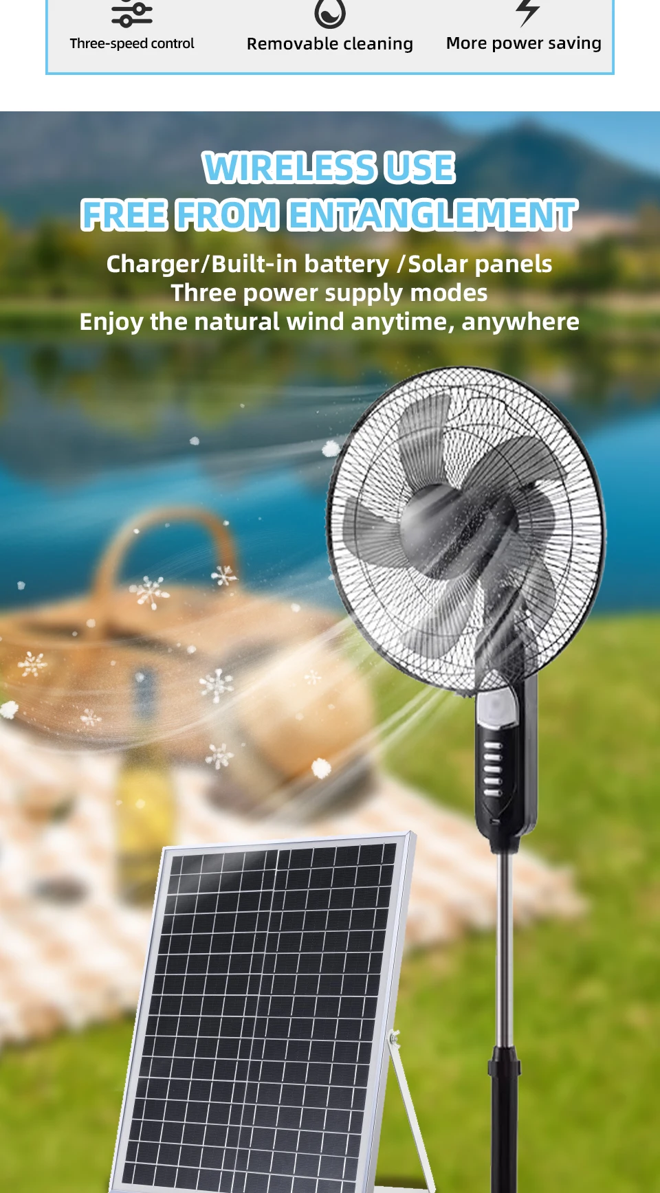 Solar Powered Floor Fan 6 - 12H Runtime3 Speed Adjustable Portable Floor Fan for Home Blackout Emergency USB Port & Night Light