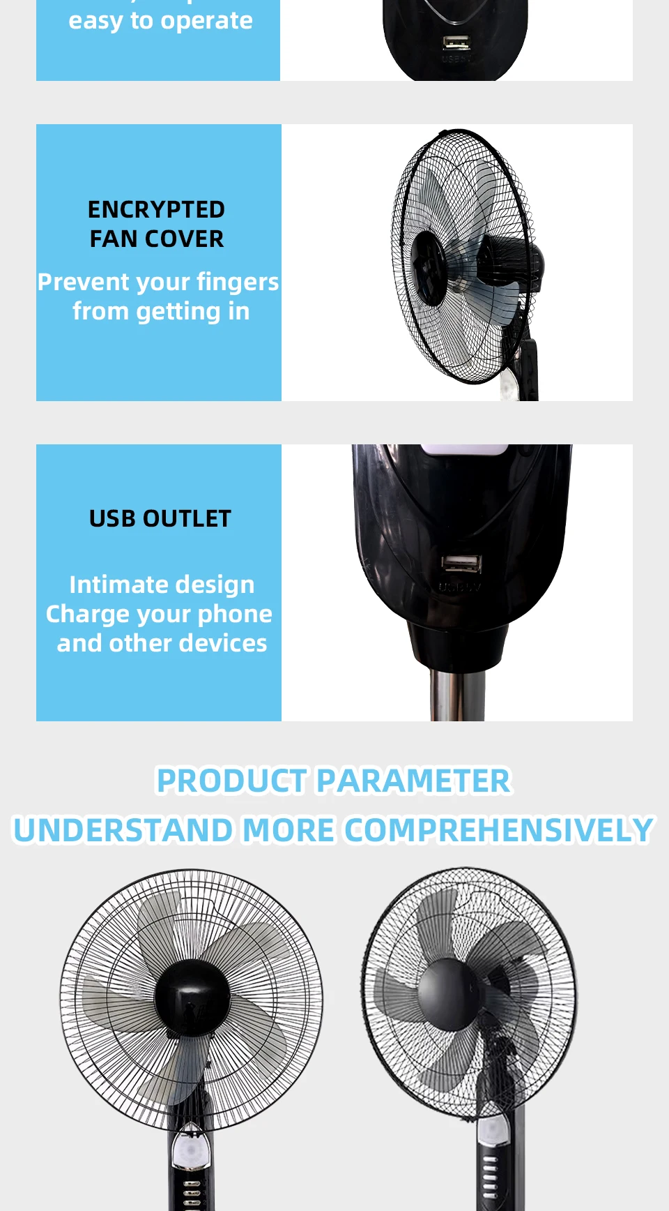 Solar Powered Floor Fan 6 - 12H Runtime3 Speed Adjustable Portable Floor Fan for Home Blackout Emergency USB Port & Night Light