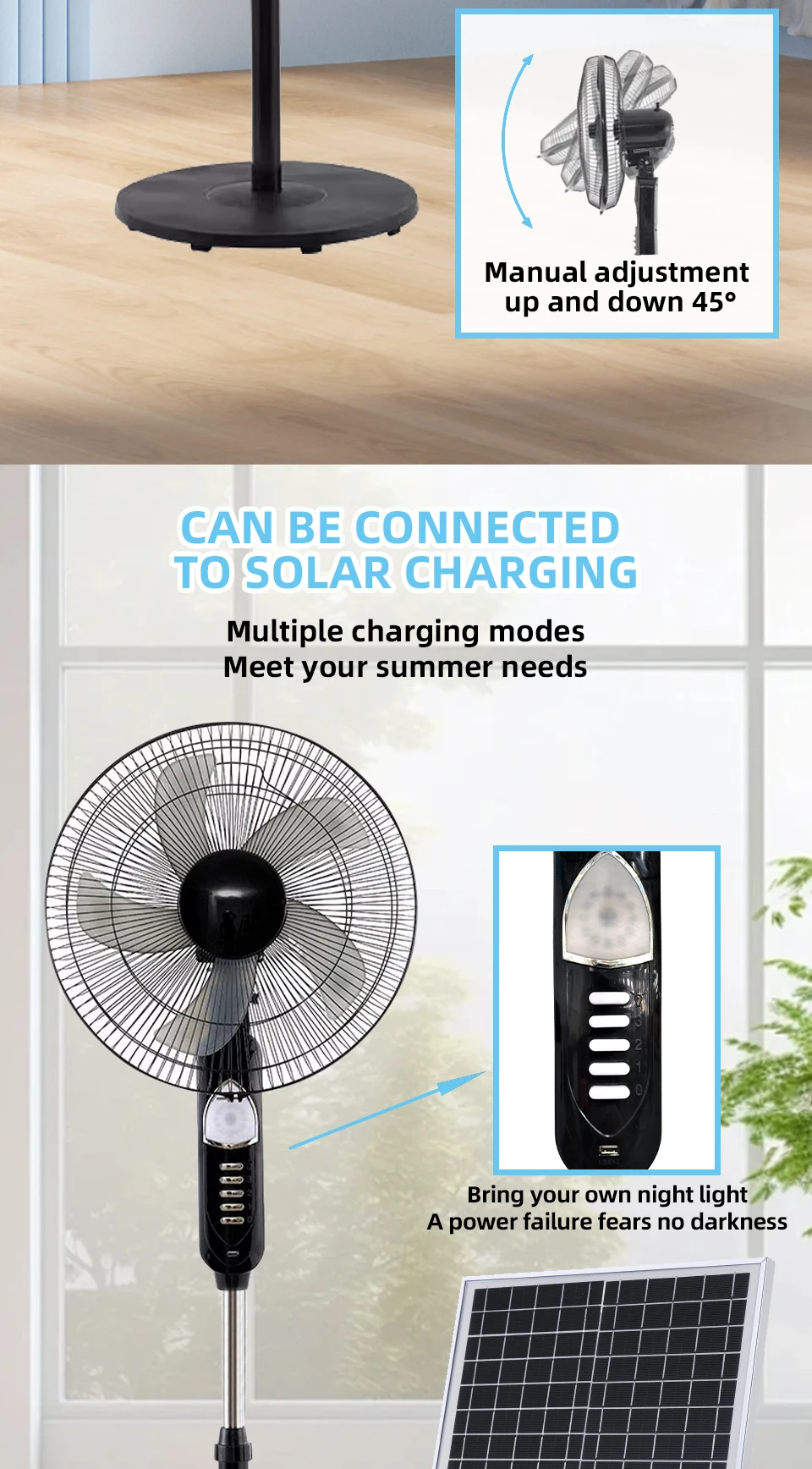 Solar Powered Floor Fan 6 - 12H Runtime3 Speed Adjustable Portable Floor Fan for Home Blackout Emergency USB Port & Night Light