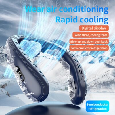 RESUXI New Portable Semiconductor Refrigeration Neck Fan 5200mAh Rechargeable Bladeless Fan Wearable Cooler Multi Purpose Fan