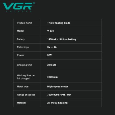 VGR Shaver Rechargeable Razor Professional Beard Shaver Electric Beard Trimmer Digital Display Razor Metal Shaver for Man V-378 - Image 6