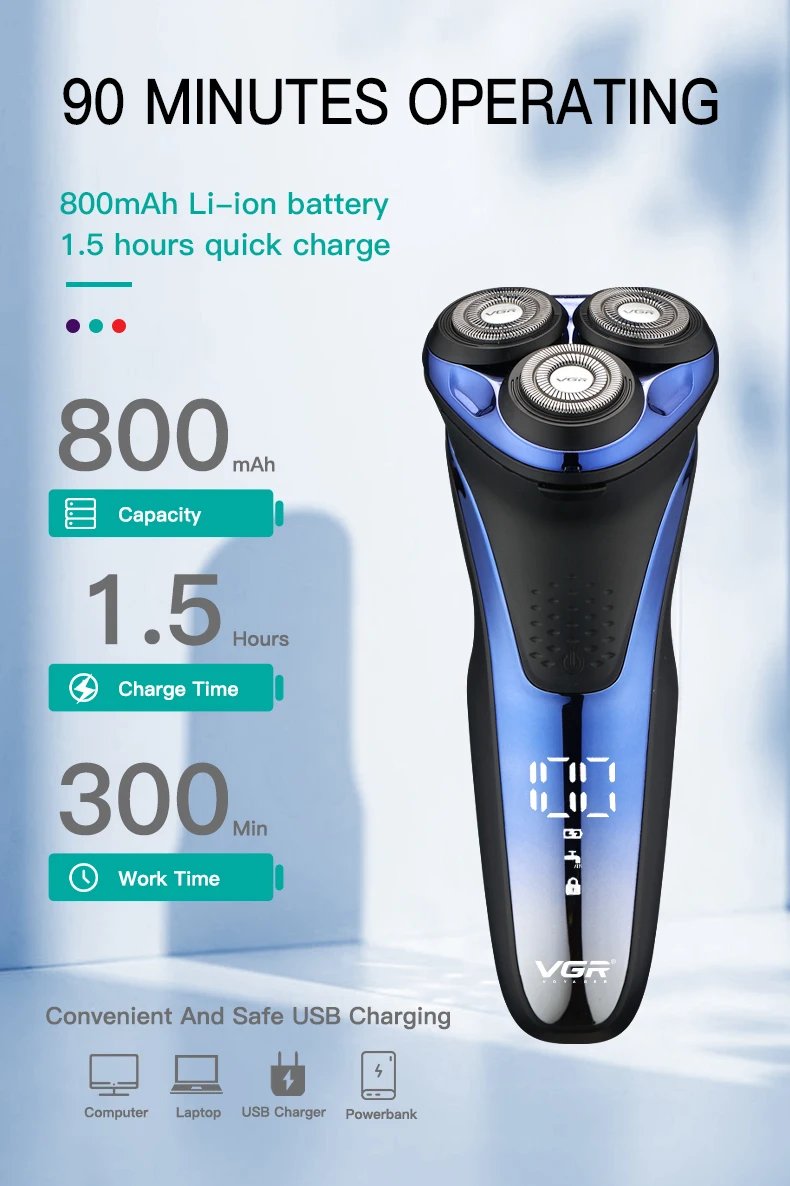 VGR Electric Shaver Professional Razor Waterproof Beard Trimmer Rotary 3D Floating Shaving Rechargeable Electric for Men V-306 VGR Electric Shaver Professional Razor Waterproof Beard Trimmer Rotary 3D Floating Shaving Rechargeable Electric for Men V-306