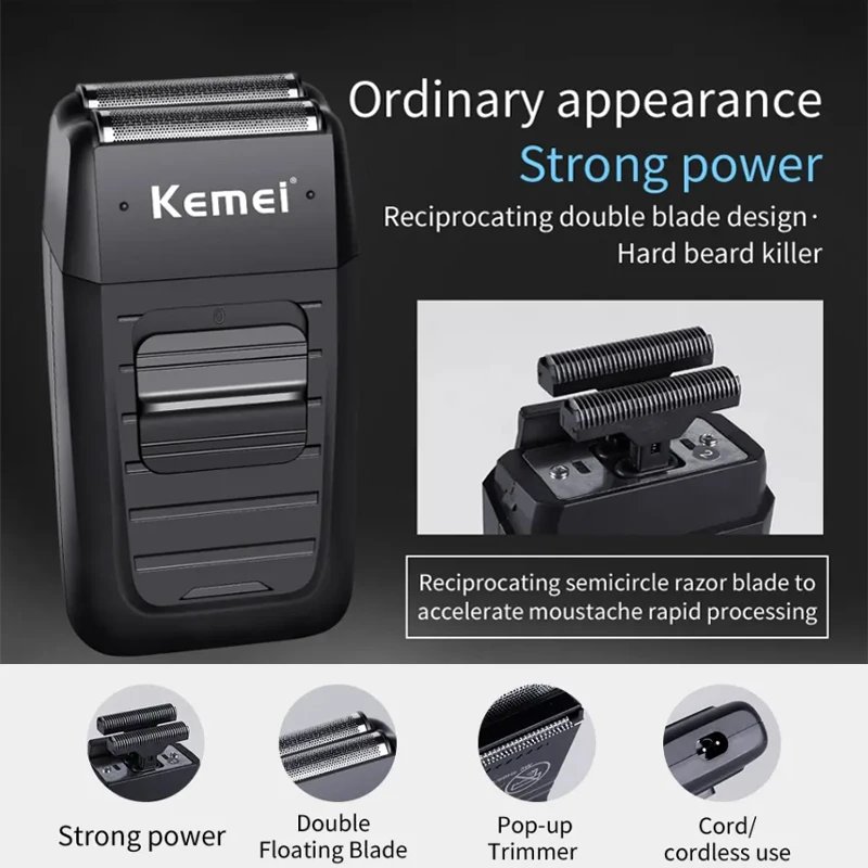 Kemei Rechargeable Cordless Shaver for Men Twin Blade Reciprocating Beard Razor Face Care Multifunction Strong Trimmer KM-1102 Kemei Rechargeable Cordless Shaver for Men Twin Blade Reciprocating Beard Razor Face Care Multifunction Strong Trimmer KM-1102