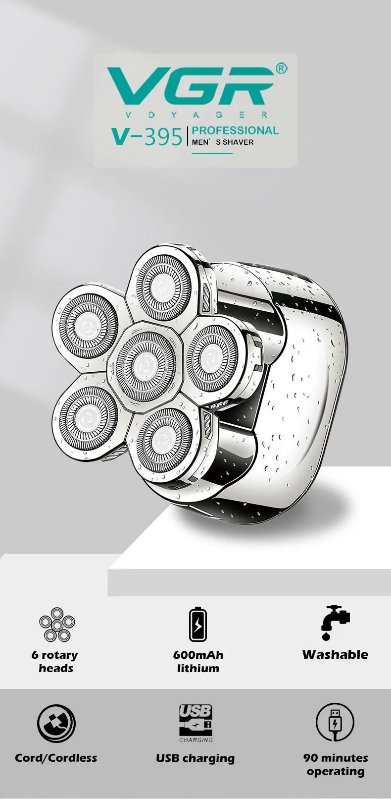 VGR 395 USB Rotary Professional Shaving Razors Waterproof Rechargeable Electric Mens Barber Shavers for Men