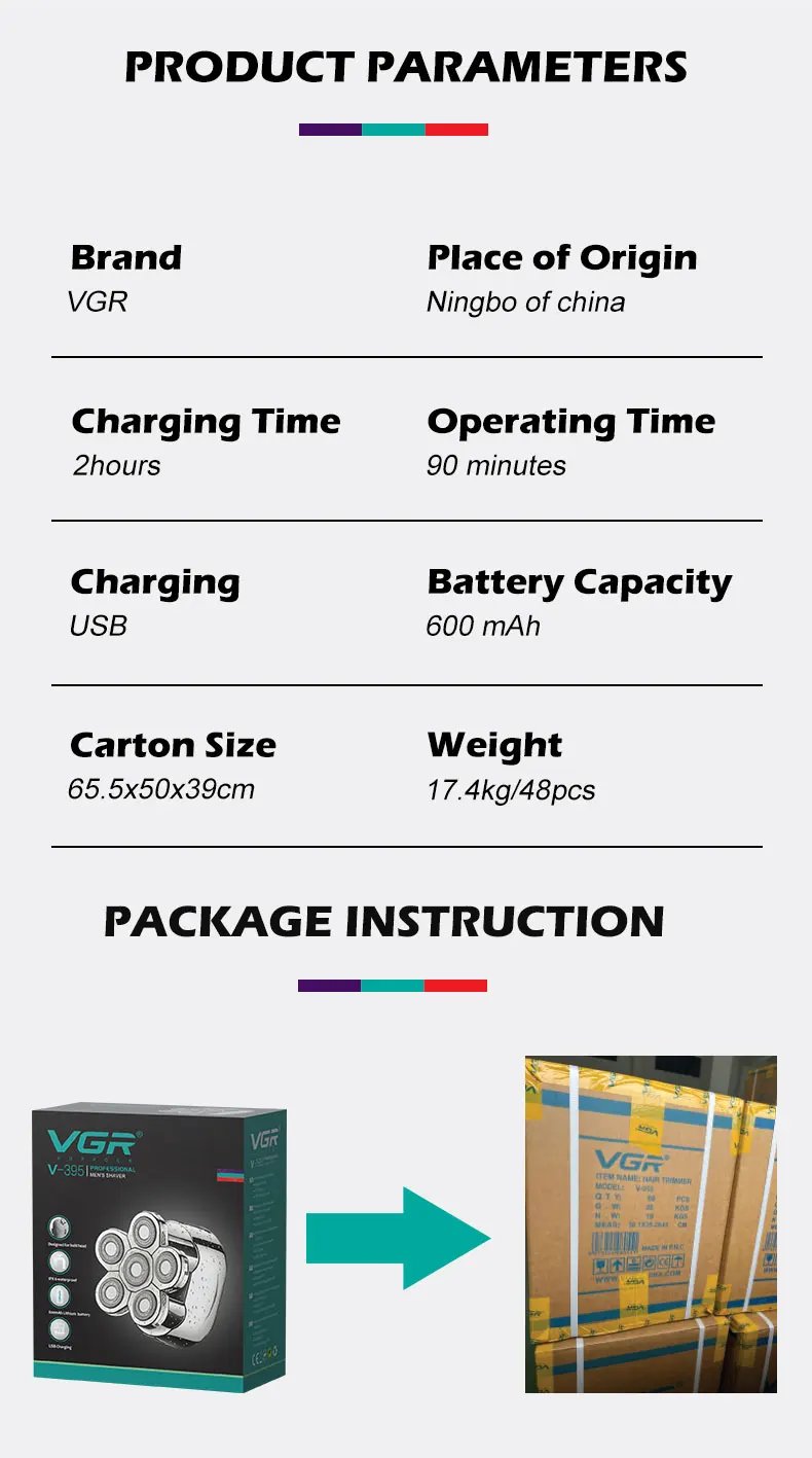 VGR 395 USB Rotary Professional Shaving Razors Waterproof Rechargeable Electric Mens Barber Shavers for Men