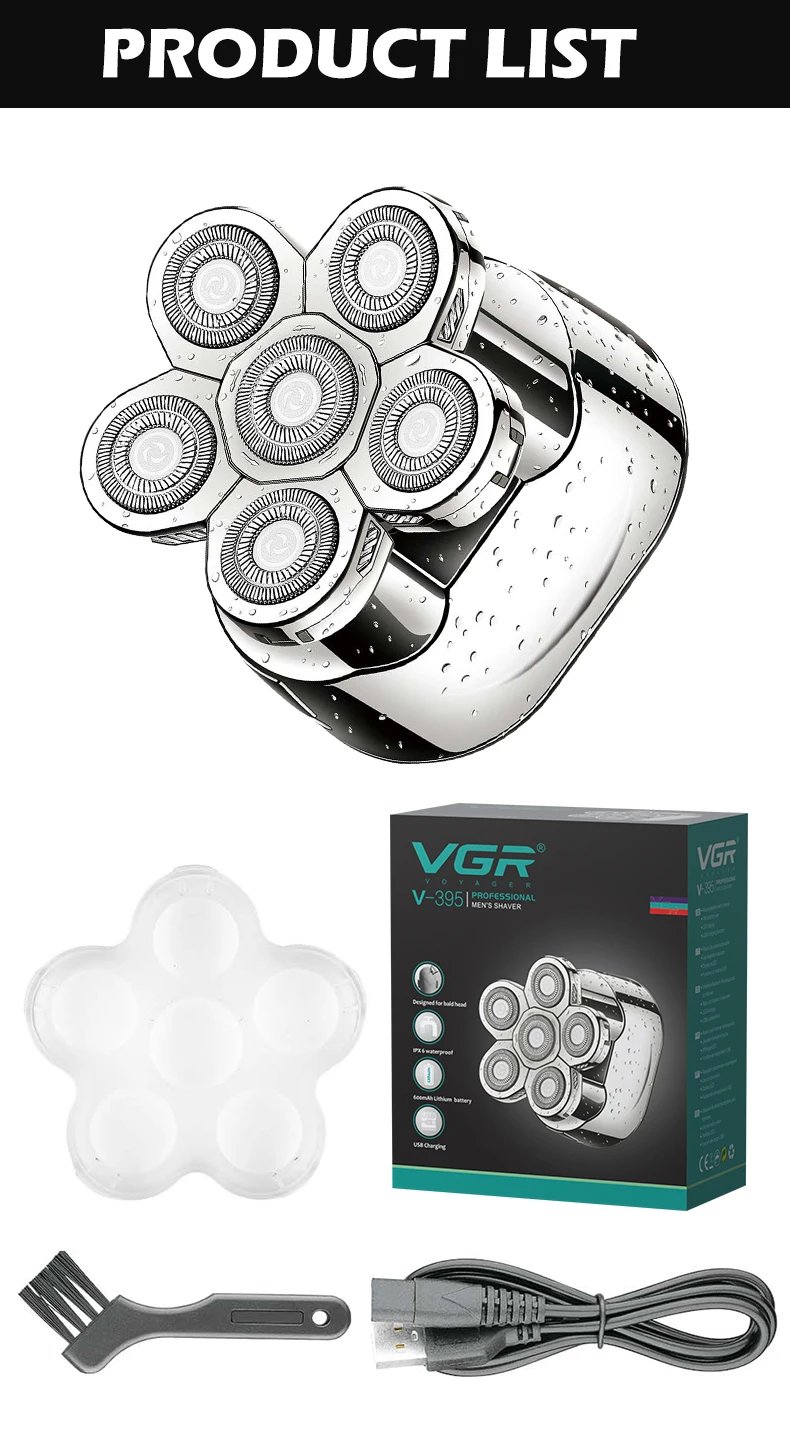 VGR 395 USB Rotary Professional Shaving Razors Waterproof Rechargeable Electric Mens Barber Shavers for Men