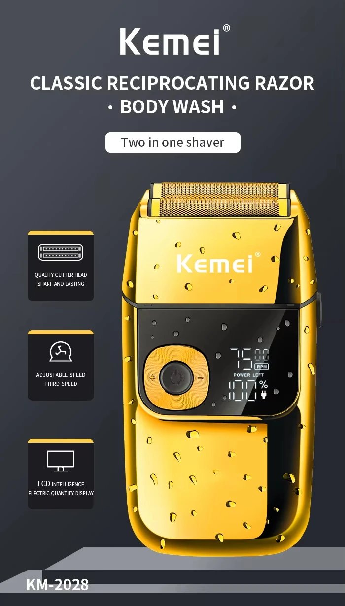 Kemei KM-2028 All Metal Washable Electric Shavers USB Charging Rechargeable Shaver Men's Shaving Razor Gold And Silver Trimmer Kemei KM-2028 All Metal Washable Electric Shavers USB Charging Rechargeable Shaver Men's Shaving Razor Gold And Silver Trimmer