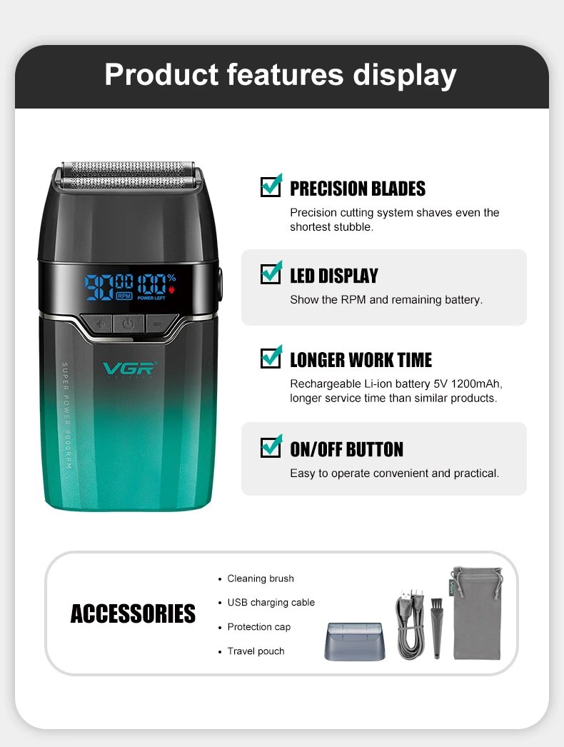 VGR Face Shaver 9000 RPM Foil Shaver LED Electric Shaver Professional Beard Trimmer Reciprocating Shaving Machine for Men V-308 VGR Face Shaver 9000 RPM Foil Shaver LED Electric Shaver Professional Beard Trimmer Reciprocating Shaving Machine for Men V-308