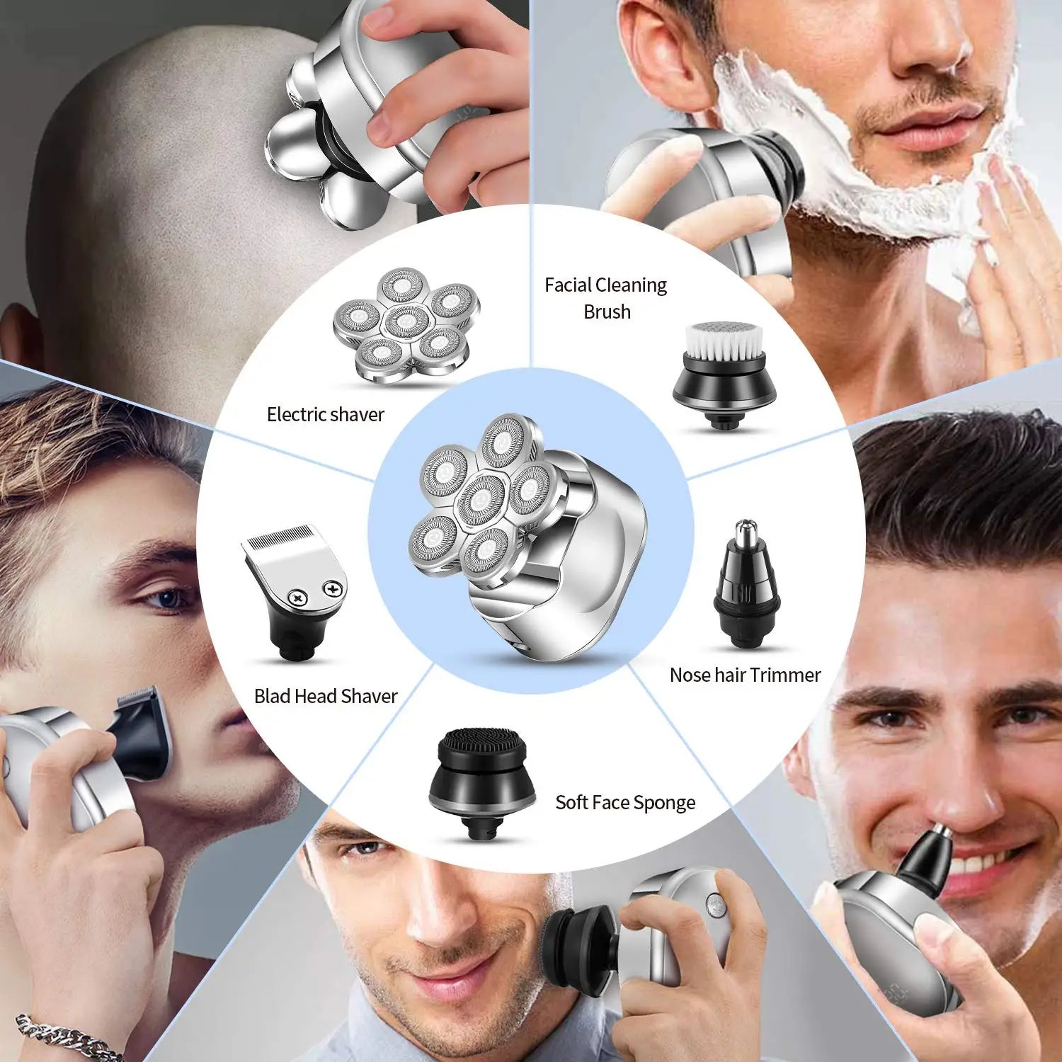 5 In 1 Men's Electric Head Shaver Razor Rechargeable Cordless Hair Shaving Razors For Bald Man Waterproof Wet Dry Beard Trimmer