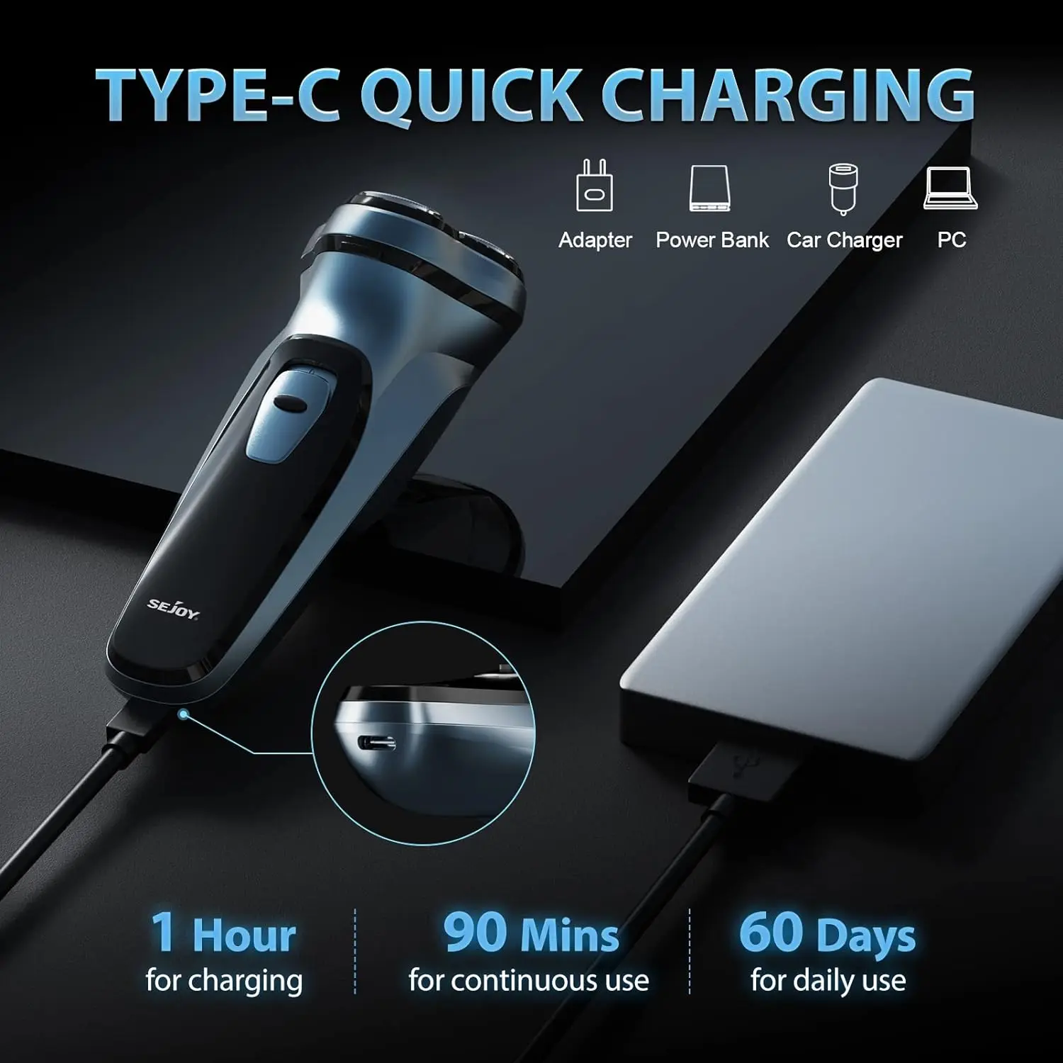 Sejoy Electric Razor for Men Foil Shaver with 3-Blade Edge Shaving Area, 7500 RPM High Speed Motor Digital Power Display Mens El