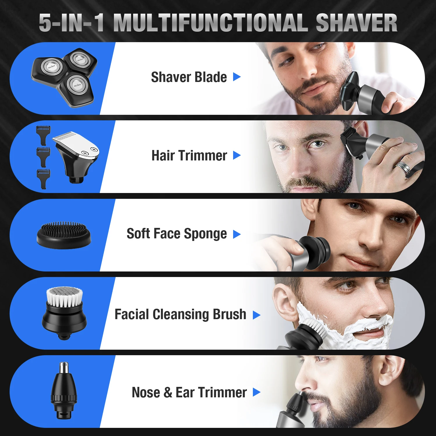 Sejoy KNIGHT Men's Electric Shaver kit Rechargeable Multi-functional Electric Hair Trimmer Razor Nose Trimmer Beard Hair Clipper