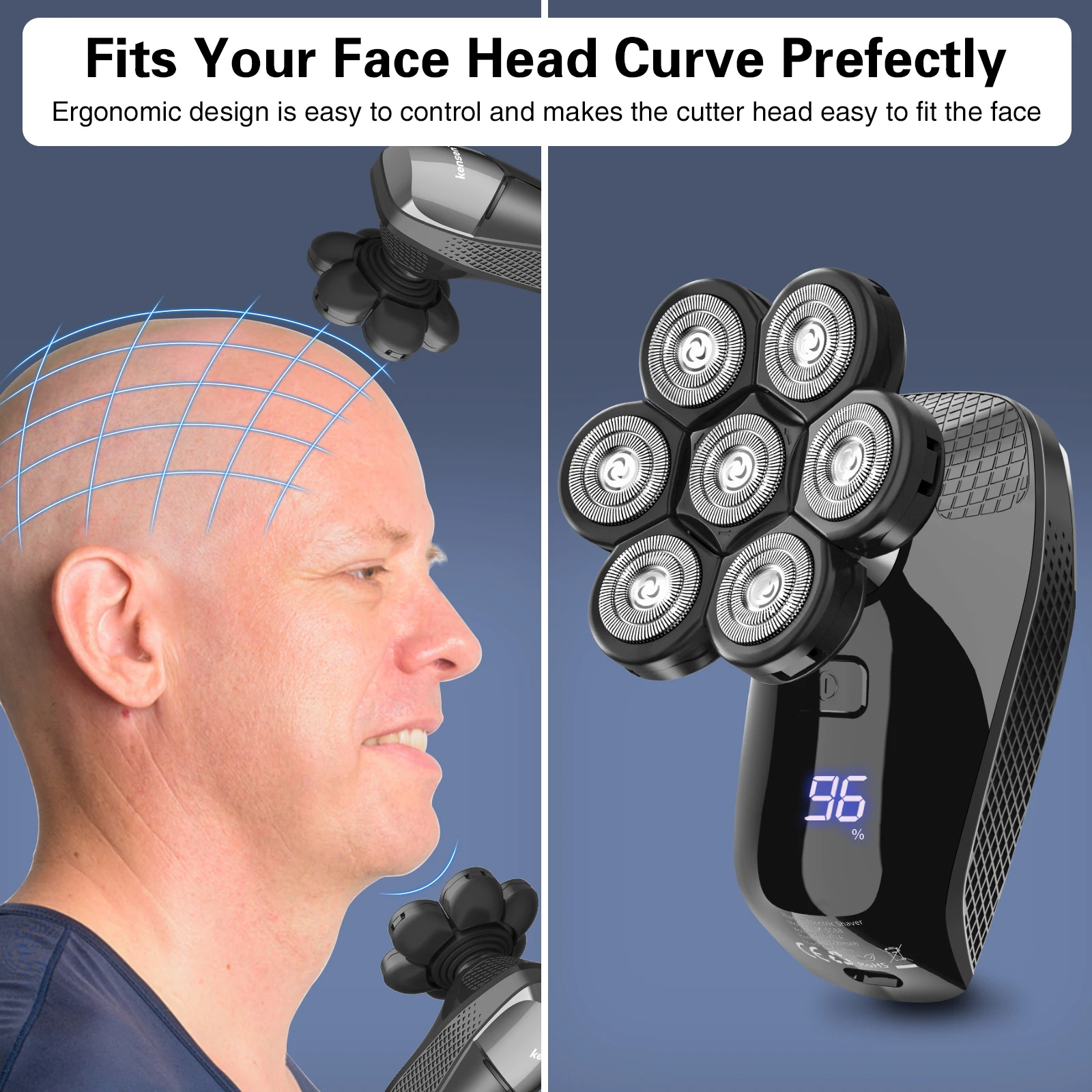 Kensen S8 Electric Head Shavers for Men 7D Floating Cutter Rechargeable IPX6 Waterproof Beard Trimmer Bald Head Shaving Machine