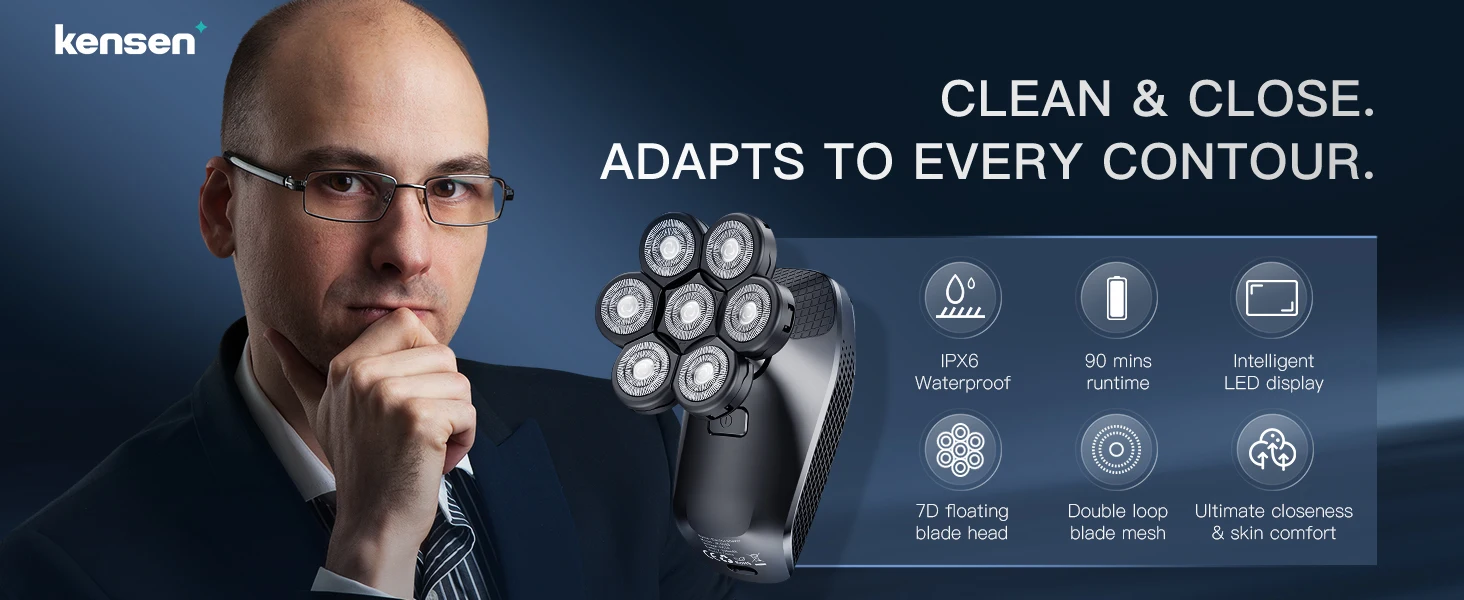 Kensen S8 Electric Head Shavers for Men 7D Floating Cutter Rechargeable IPX6 Waterproof Beard Trimmer Bald Head Shaving Machine