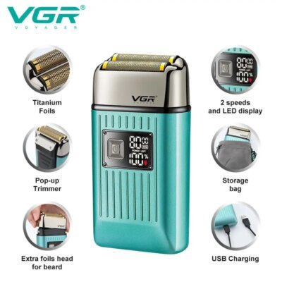 VGR Rechargeable Hair Shaver For Men Wet Dry Face Electric Shaver Beard Electric Razor Bald Head Shaving Machine With Extra Mesh - Image 2