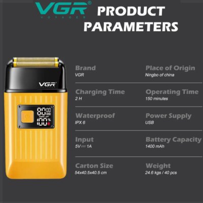 VGR Rechargeable Hair Shaver For Men Wet Dry Face Electric Shaver Beard Electric Razor Bald Head Shaving Machine With Extra Mesh - Image 3